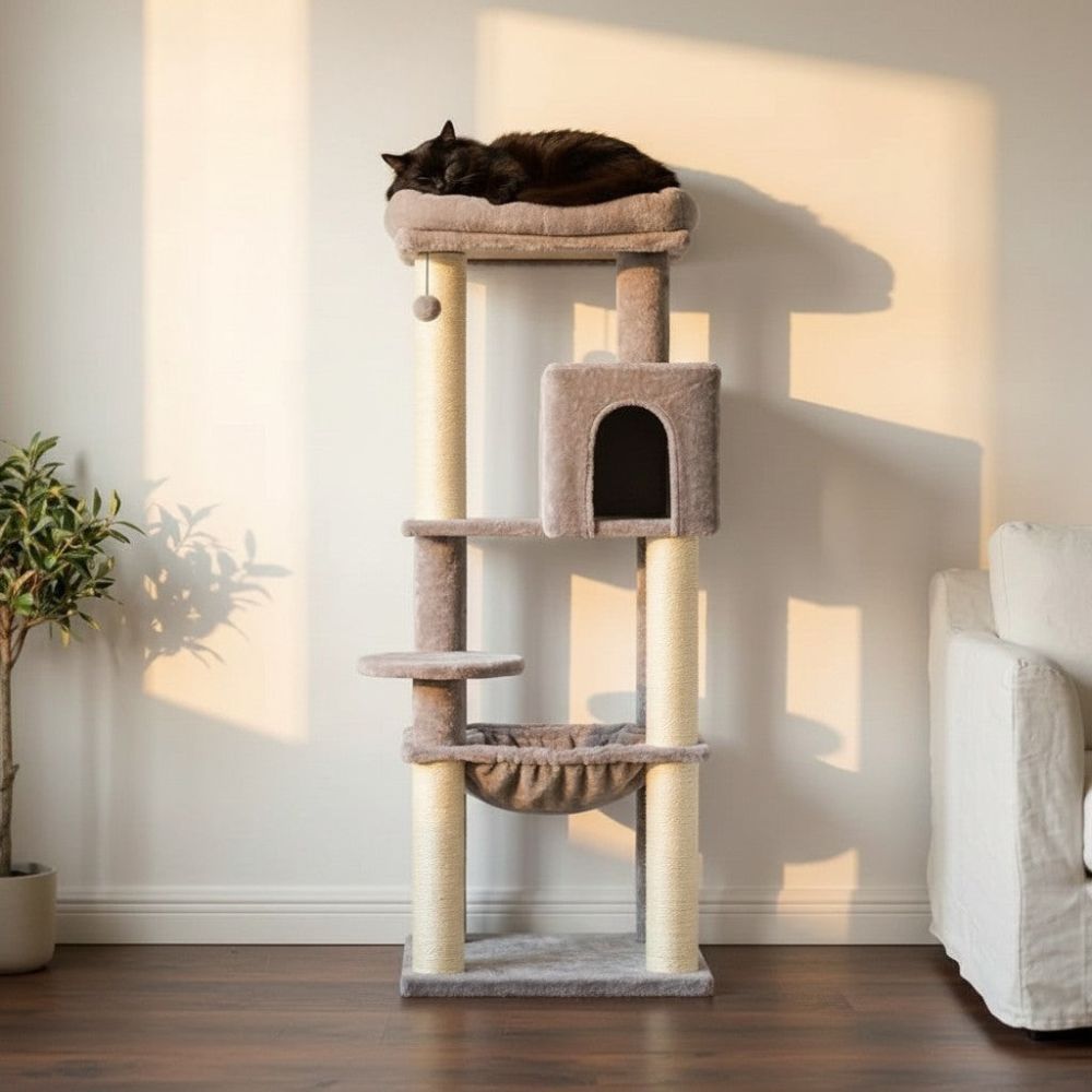 Großer Kratzbaum Beige Verstärkte Pfosten 147cm