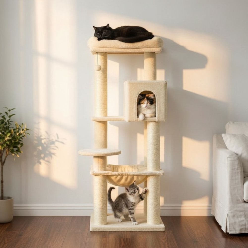Großer Kratzbaum Beige Verstärkte Pfosten 147cm