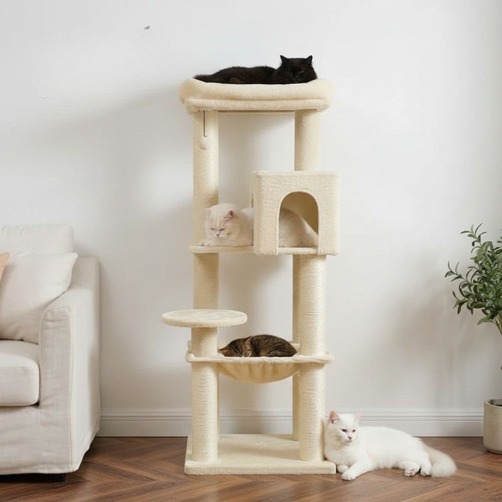 Großer Kratzbaum Beige Verstärkte Pfosten 147cm