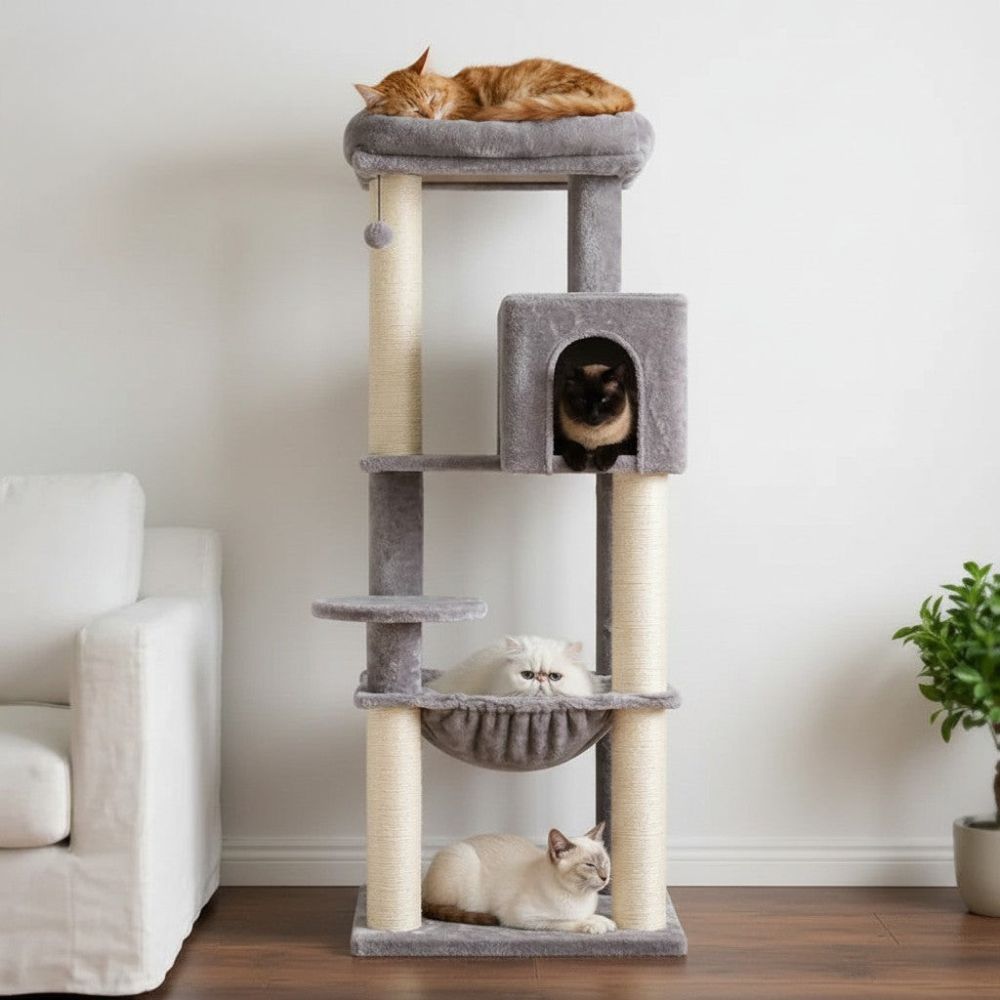 Großer Kratzbaum Beige Verstärkte Pfosten 147cm