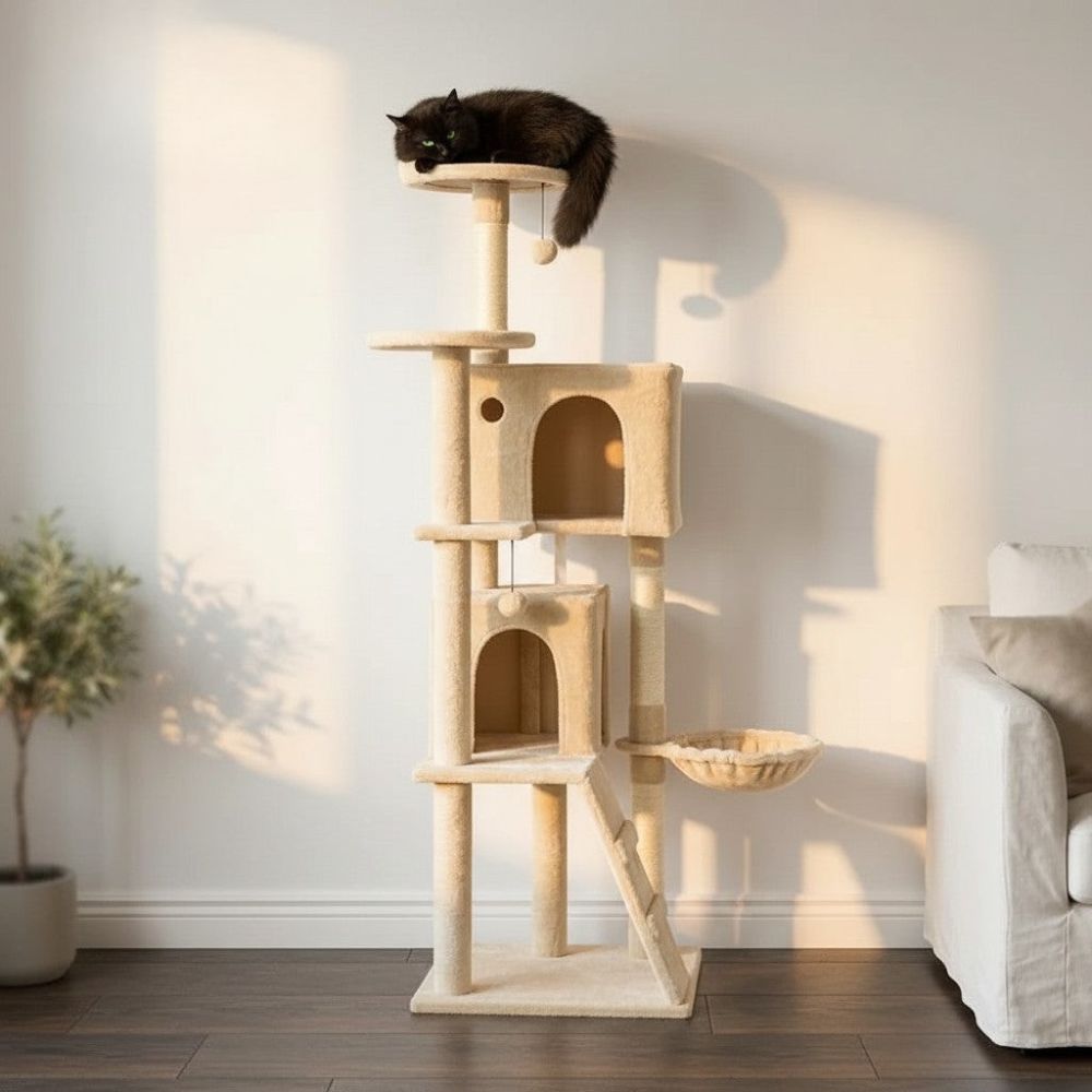 Kratzbaum Beige mit Integrierter Treppe 140cm