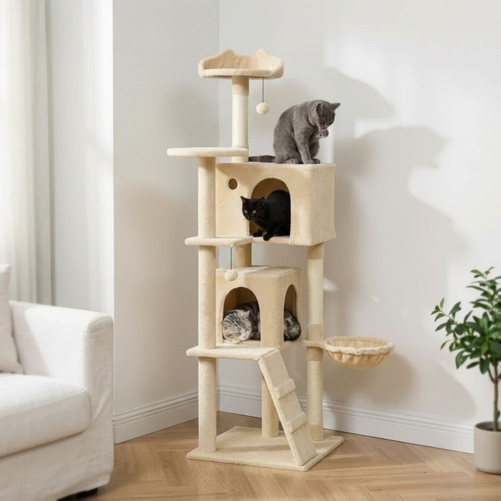 Kratzbaum Beige mit Integrierter Treppe 140cm