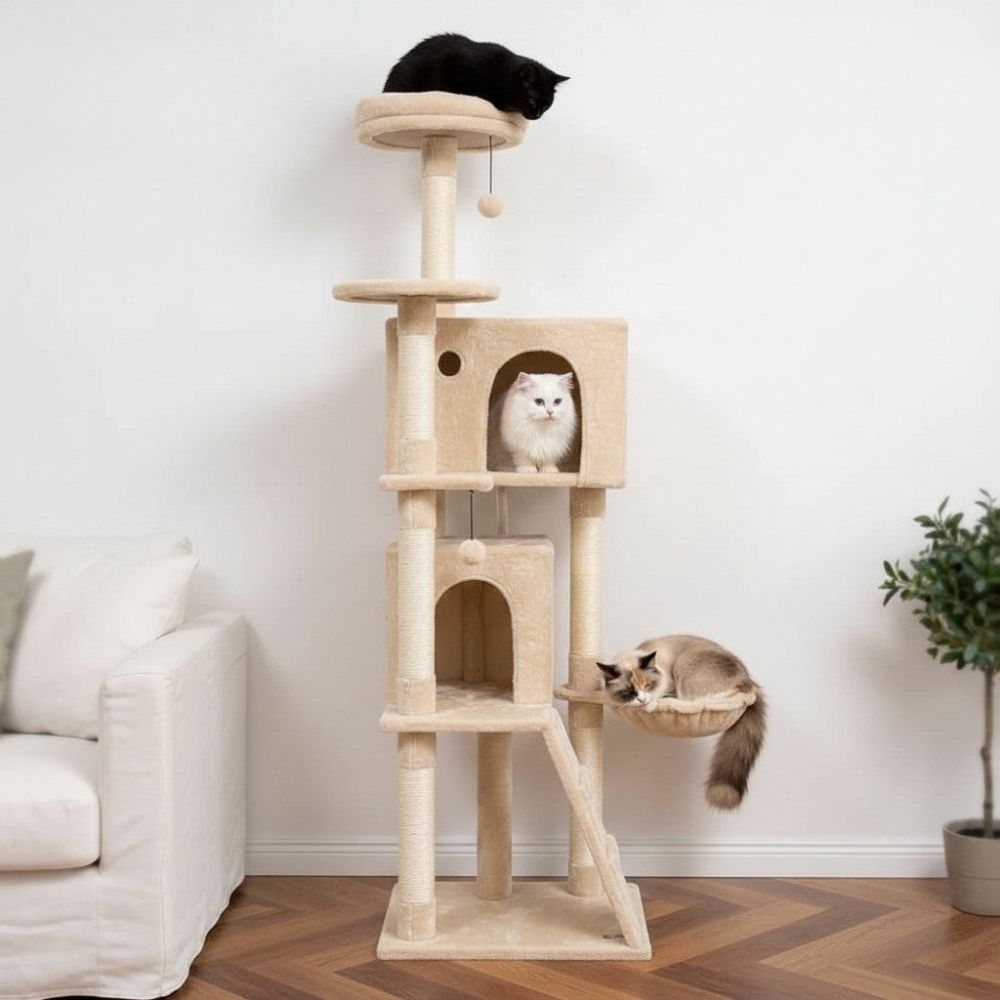 Kratzbaum Beige mit Integrierter Treppe 140cm