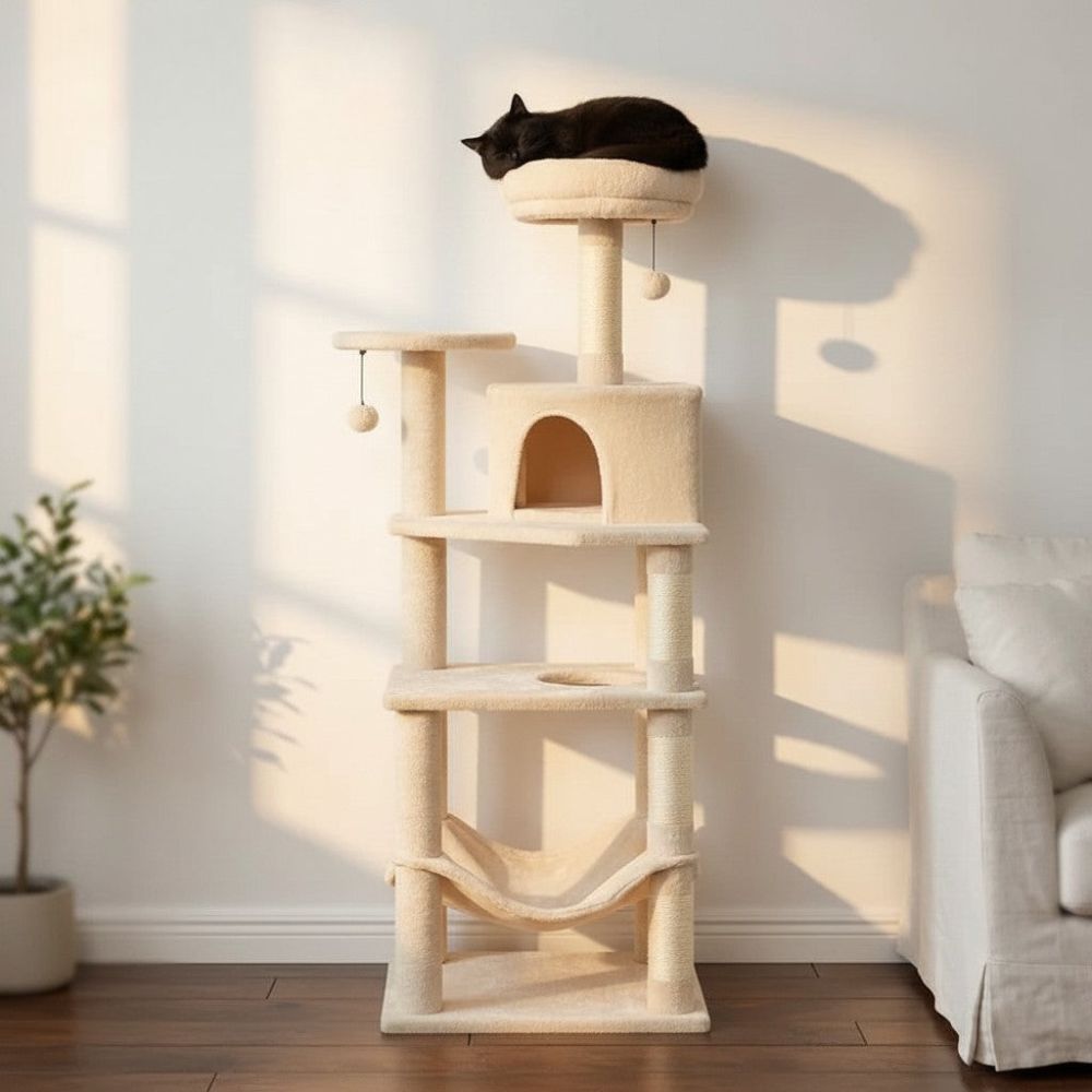 Kratzbaum Beige Robust Mehrere Katzen 140cm