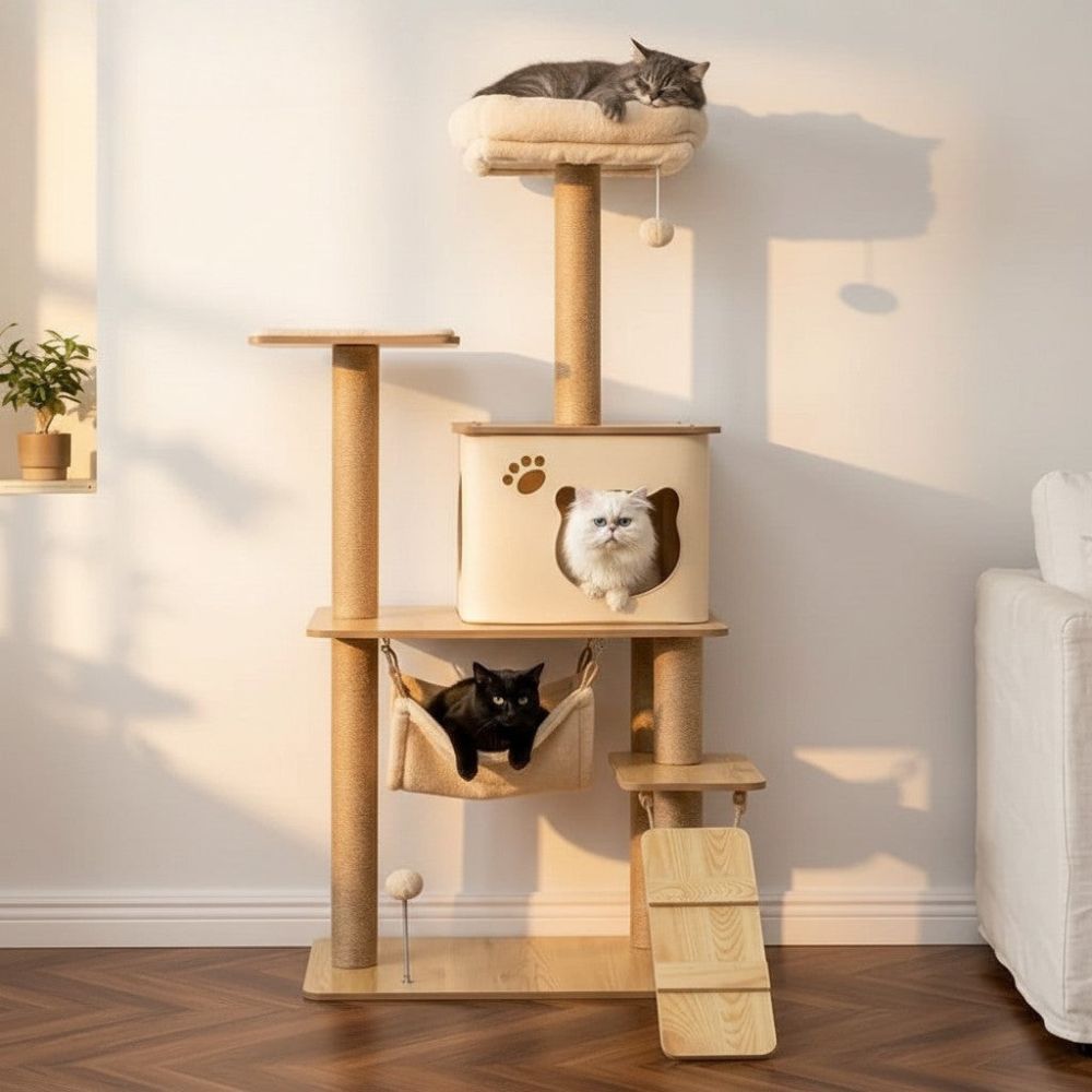 Kratzbaum Beige und Naturholz 130cm