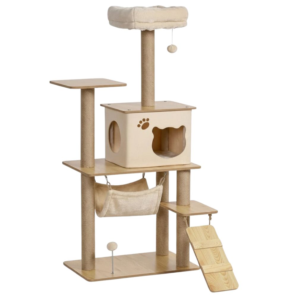 Kratzbaum Beige und Naturholz 130cm