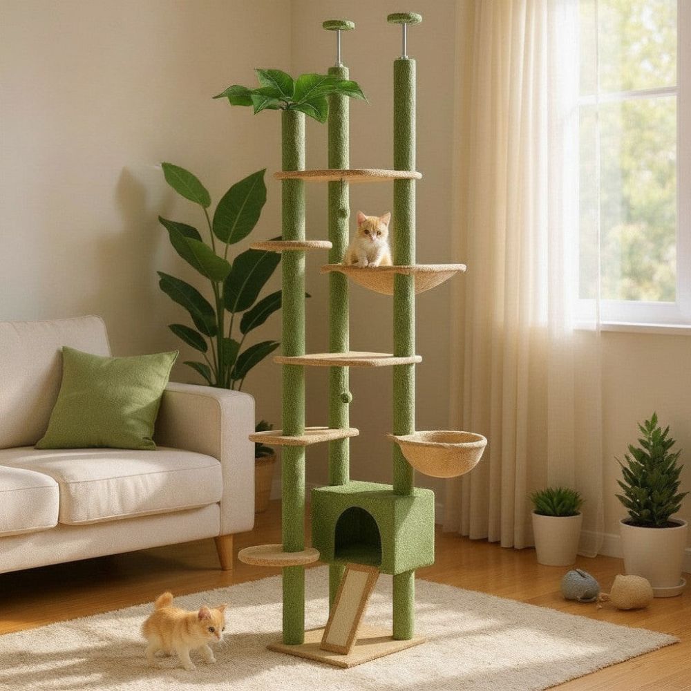 Kratzbaum Grün Boden-Decke Verstellbar 252cm
