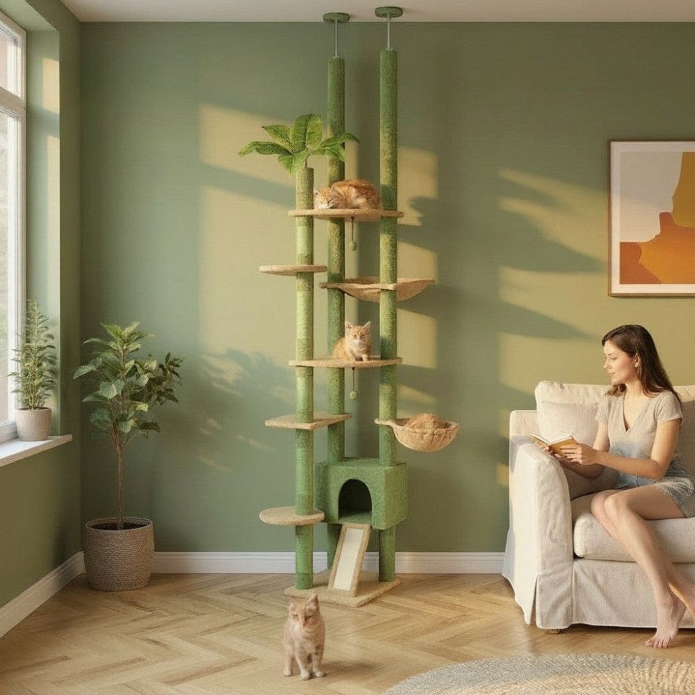 Kratzbaum Grün Boden-Decke Verstellbar 252cm