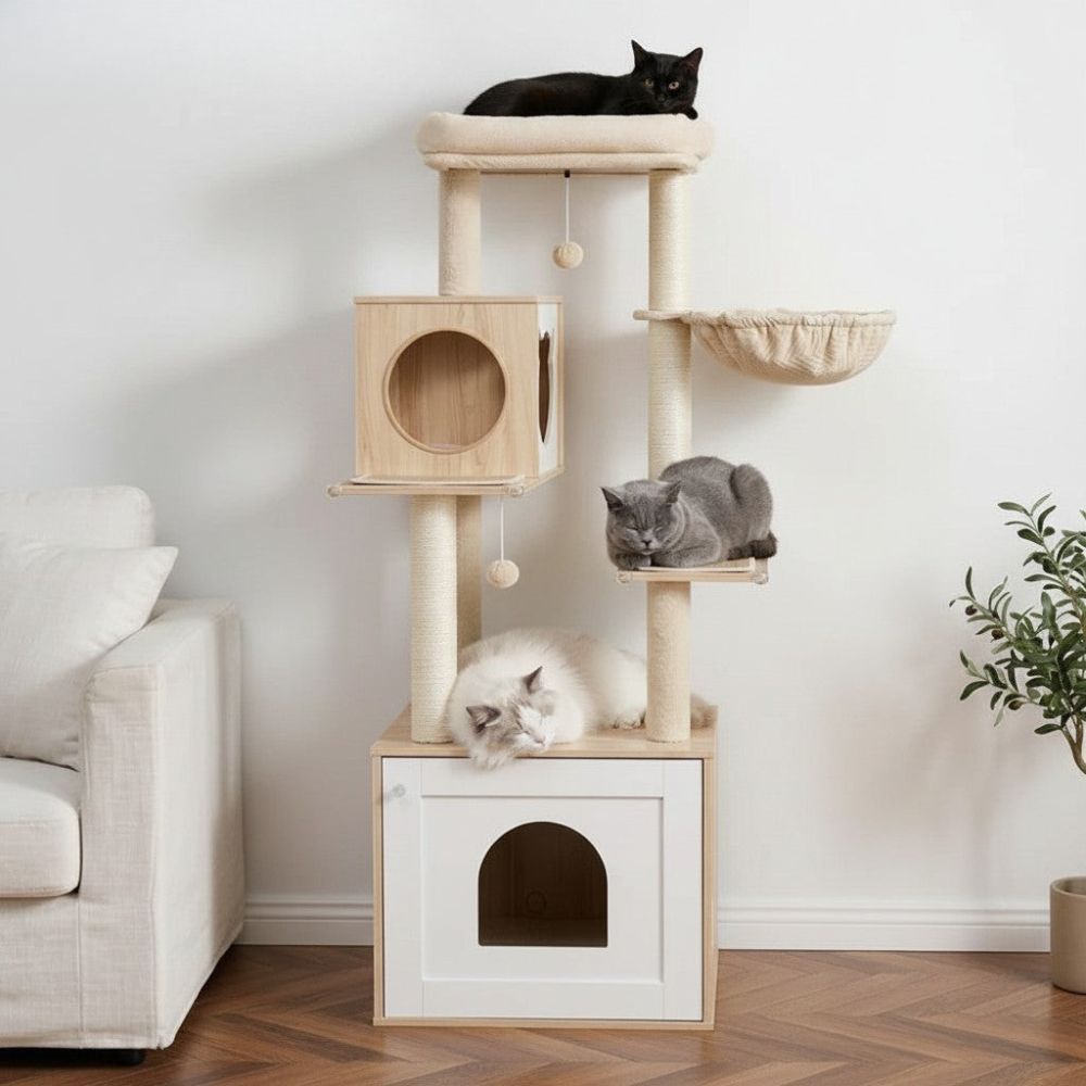 Kratzbaum mit Integrierter Katzentoilette aus Holz 144cm