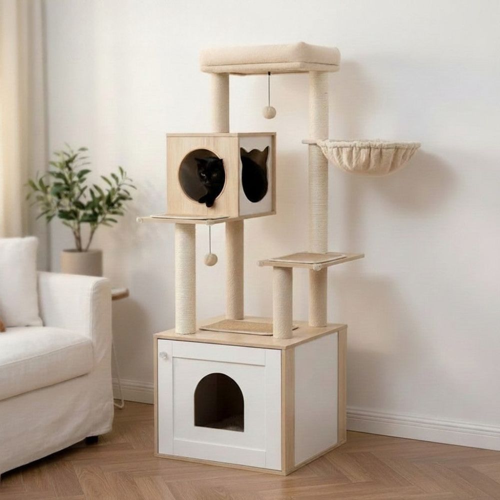 Kratzbaum mit Integrierter Katzentoilette aus Holz 144cm
