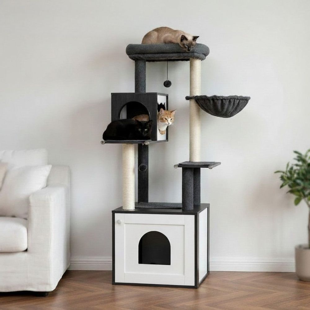 Kratzbaum mit Integrierter Katzentoilette aus Holz 144cm