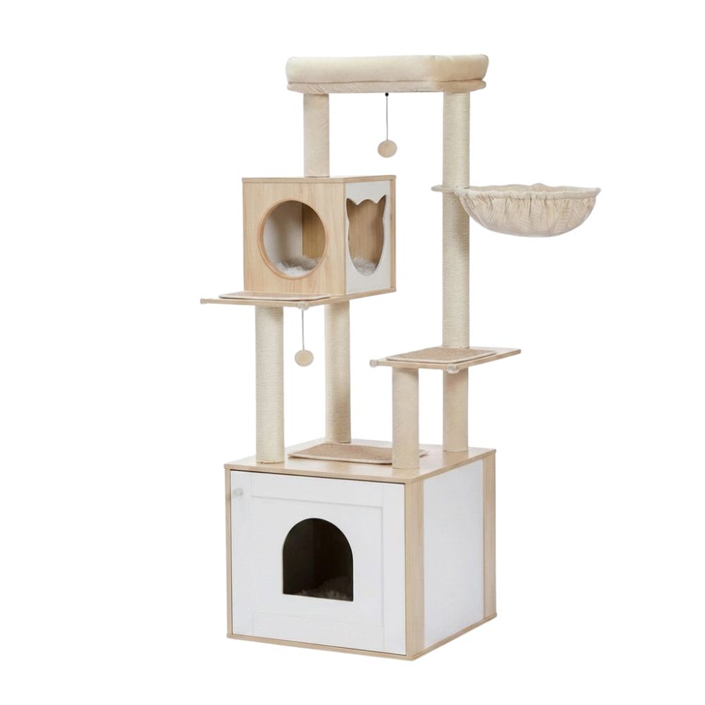 Kratzbaum mit Integrierter Katzentoilette aus Holz 144cm