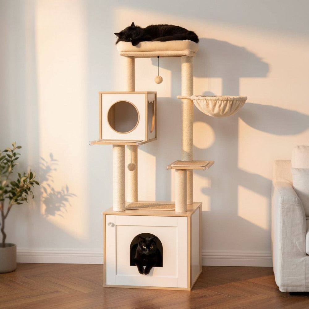 Kratzbaum mit Integrierter Katzentoilette aus Holz 144cm