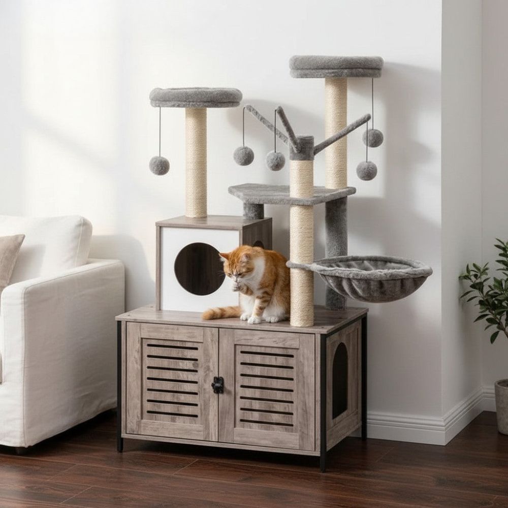 Kratzbaum mit Integrierter Katzentoilette Dunkelgrau 132cm