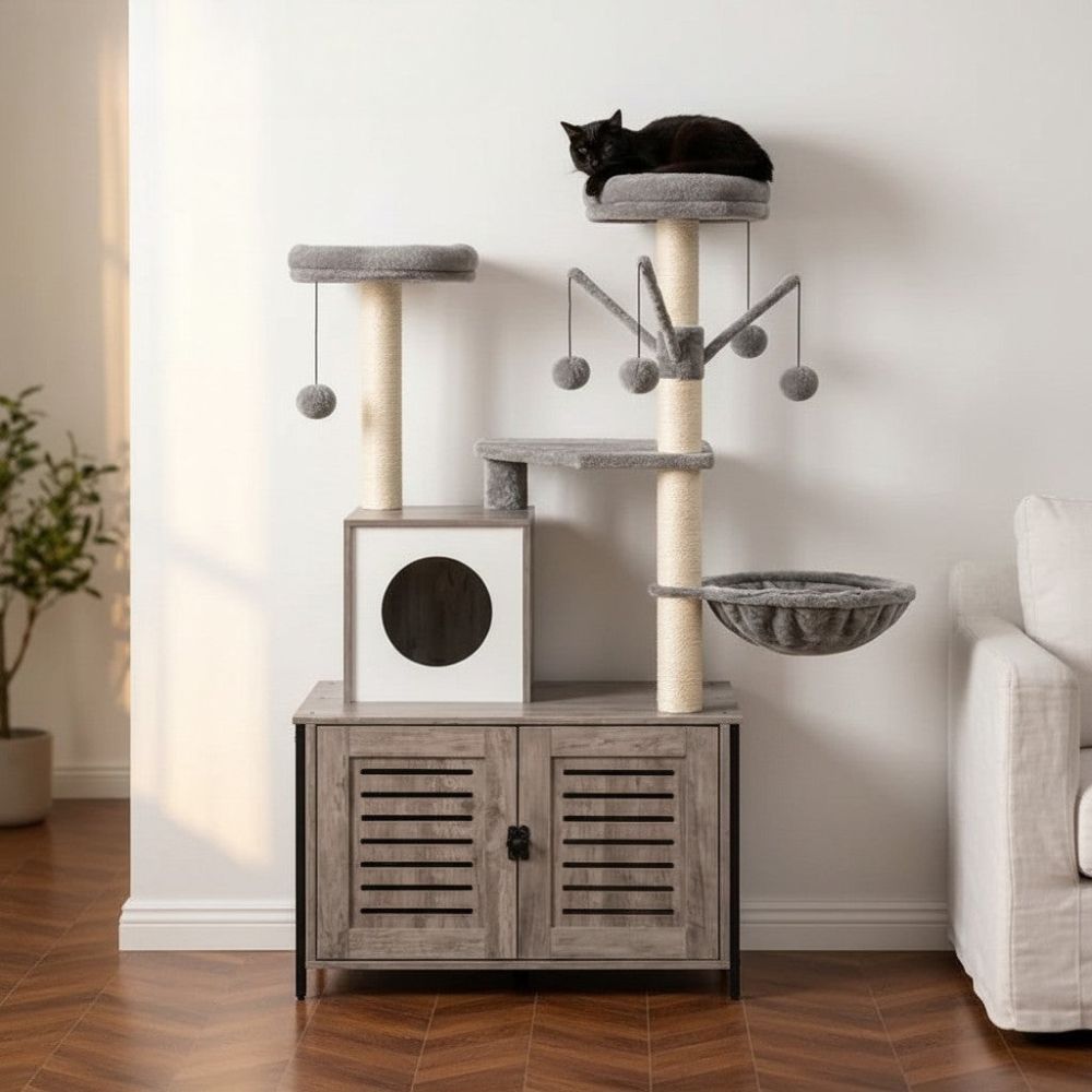 Kratzbaum mit Integrierter Katzentoilette Dunkelgrau 132cm