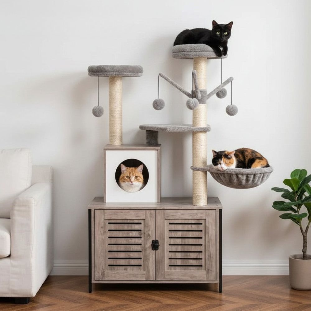 Kratzbaum mit Integrierter Katzentoilette Dunkelgrau 132cm